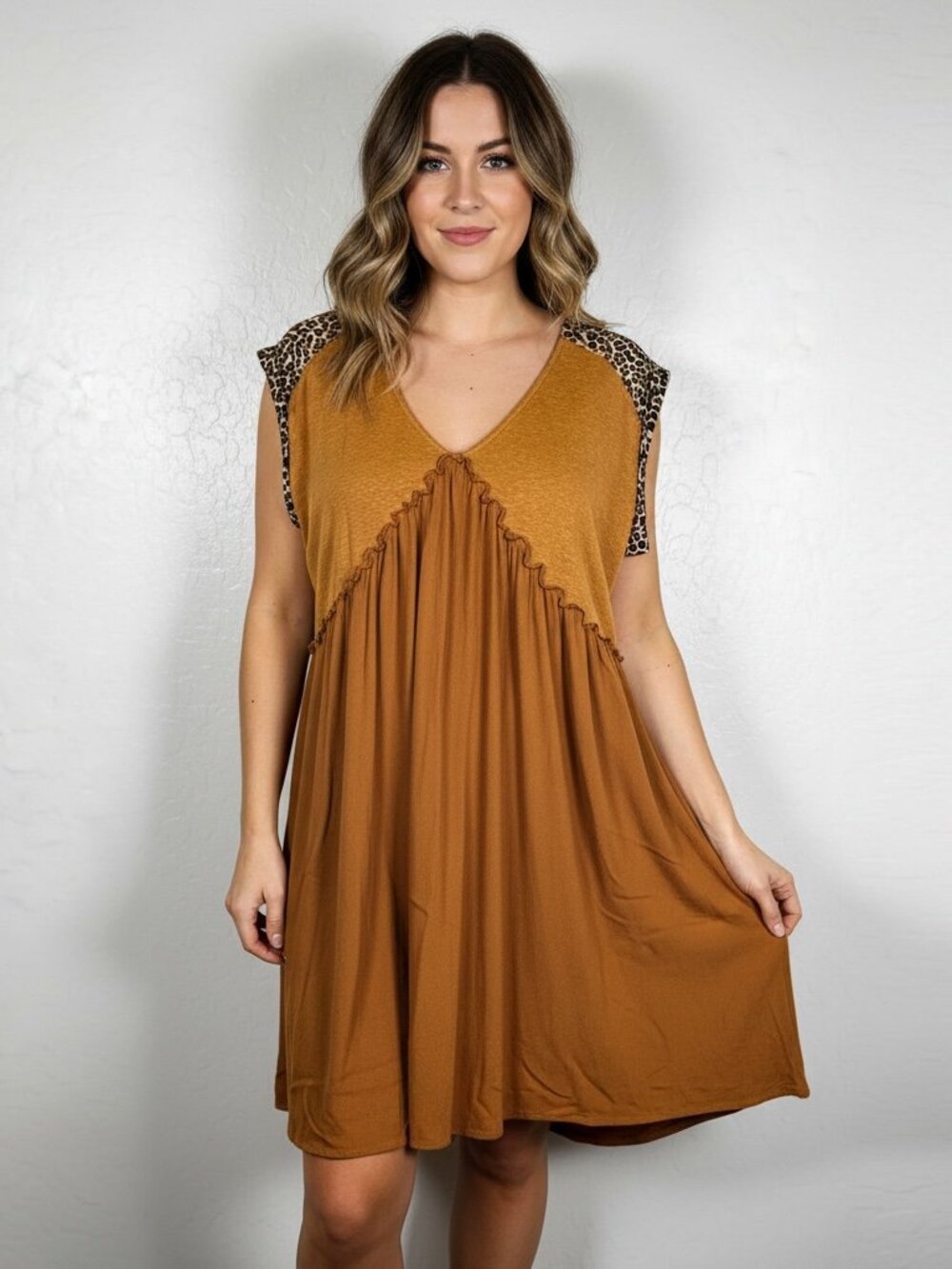 Umgee USA Mustard Leopard Print Colorblock Babydoll Dress S Linen Blend